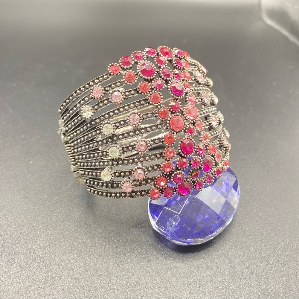 Rhinestone Clamper Bracelet Gunmetal Pink Rhinestones Wide